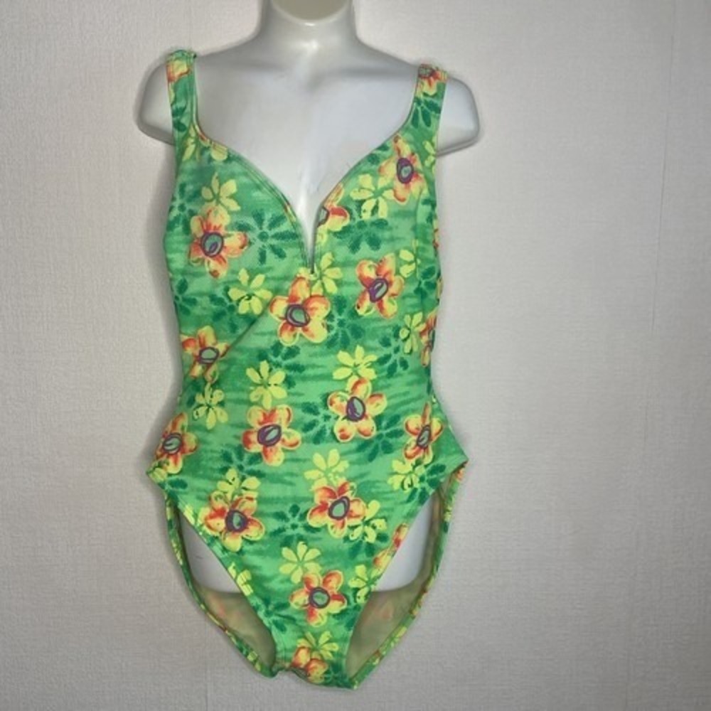 VTG La Blanca Green/Yellow Floral One Piece‎ Swimsuit Women 14 Mexico